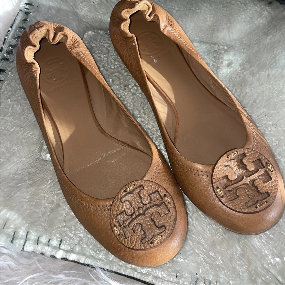 Tory Burch Reva Royal Tan Tumbled Leather Ballet Flats US Size 7.5 M
